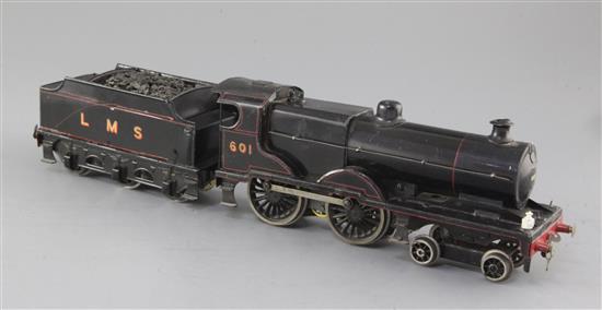 A Bassett-Lowke O gauge 4-4-0 LMS locomotive and tender, number 601, black livery, 3 rail, overall 39cms